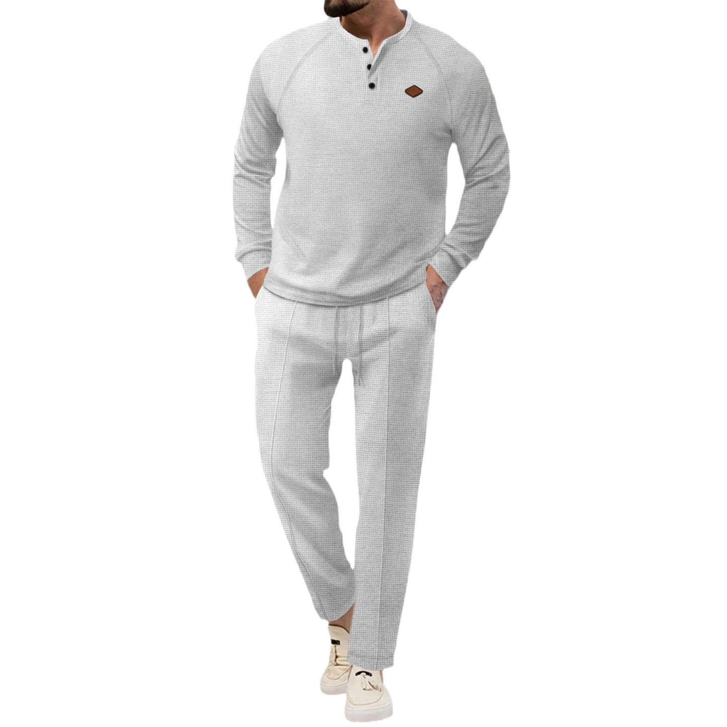 Men's Solid Color Waffle Henley Suit Set