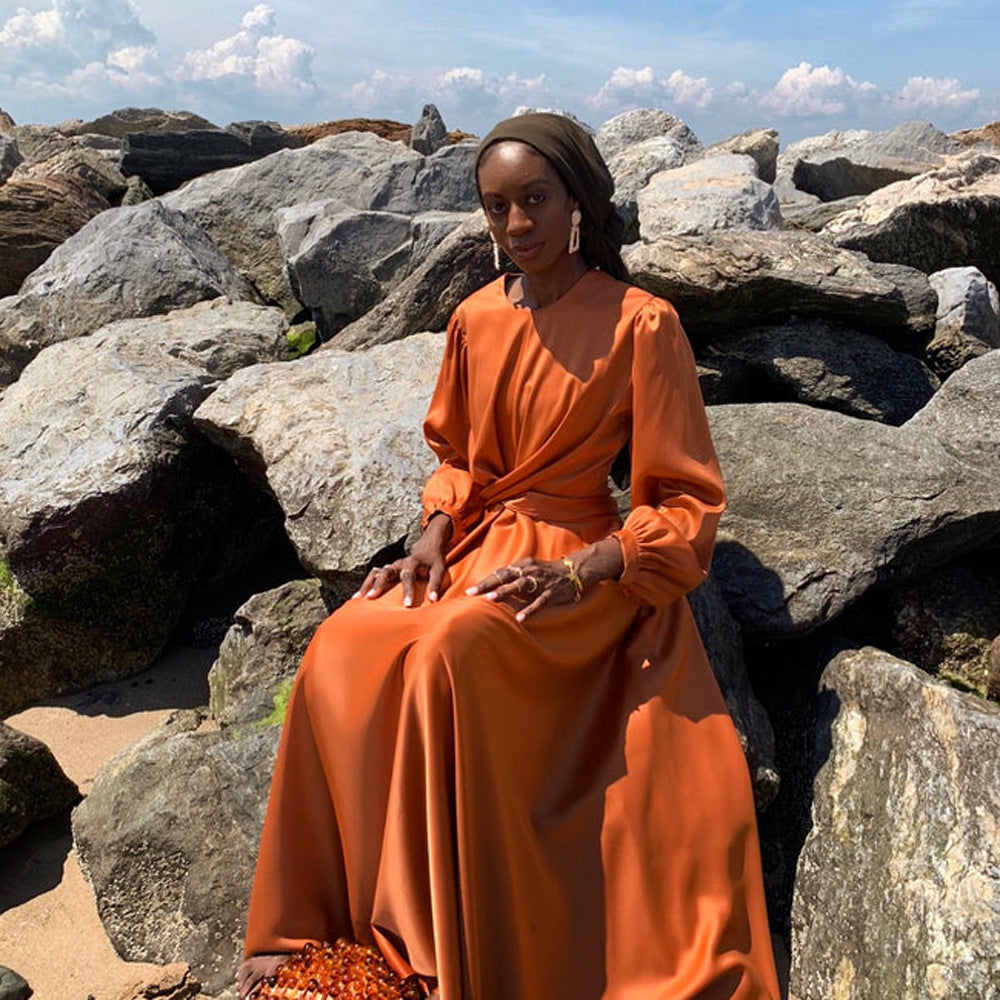 Muslim Hui Solid Color Robe and Ankle Dress abaya