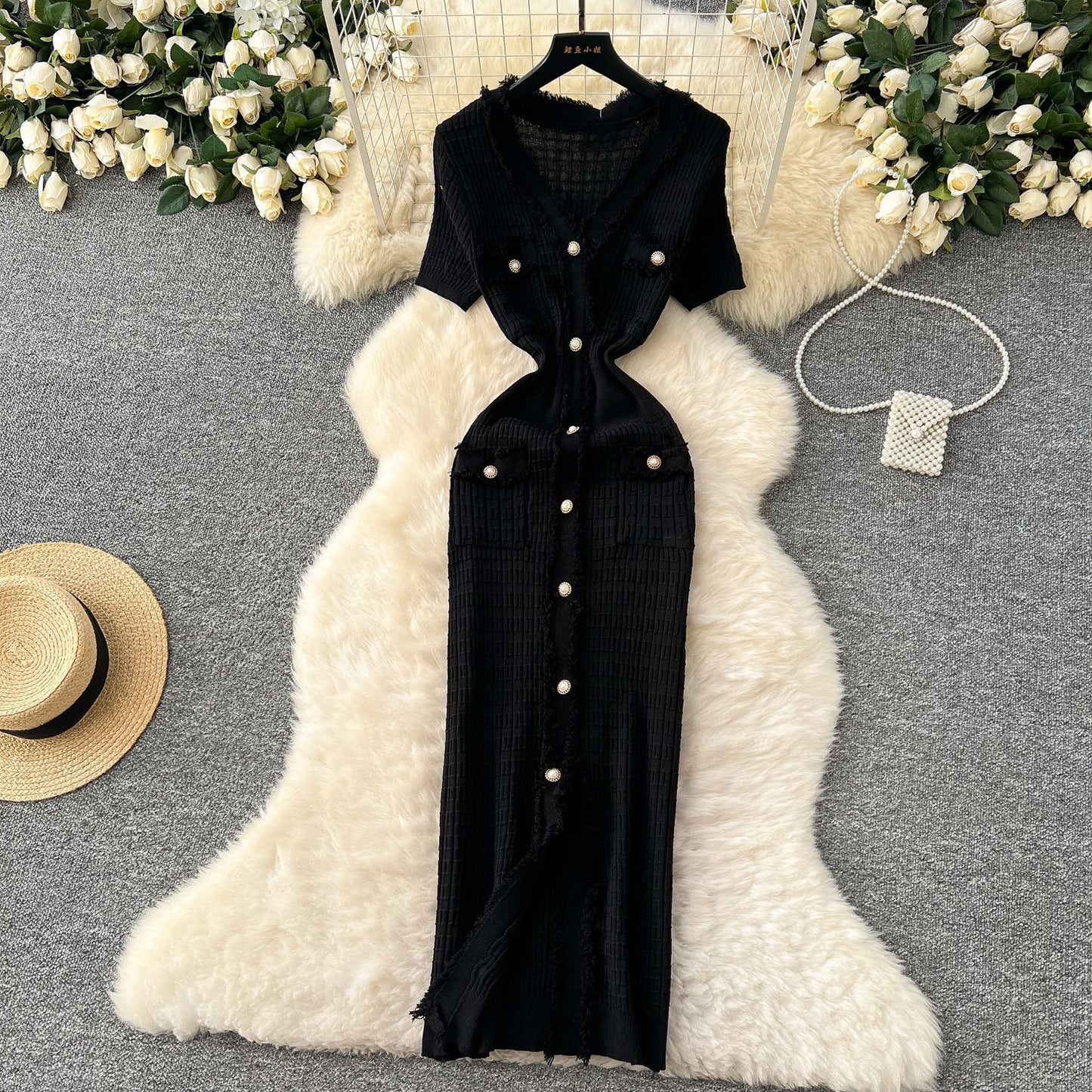 Elegant Retro V-Neck Knitted Dress