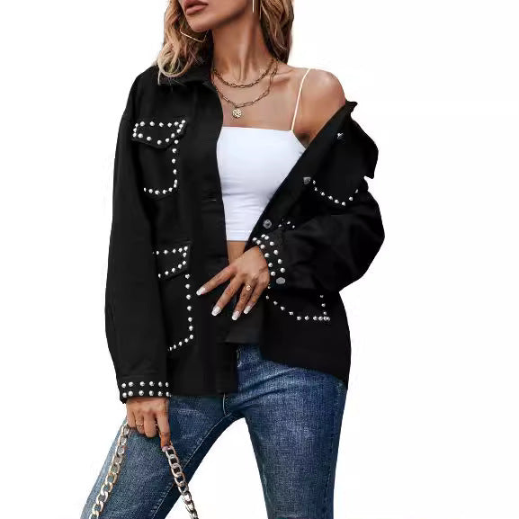Women's Beaded Fashion Loose and Versatile Denim Jacket