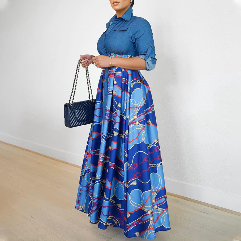 Women's fashion casual temperament printed lapel shirt collar dress