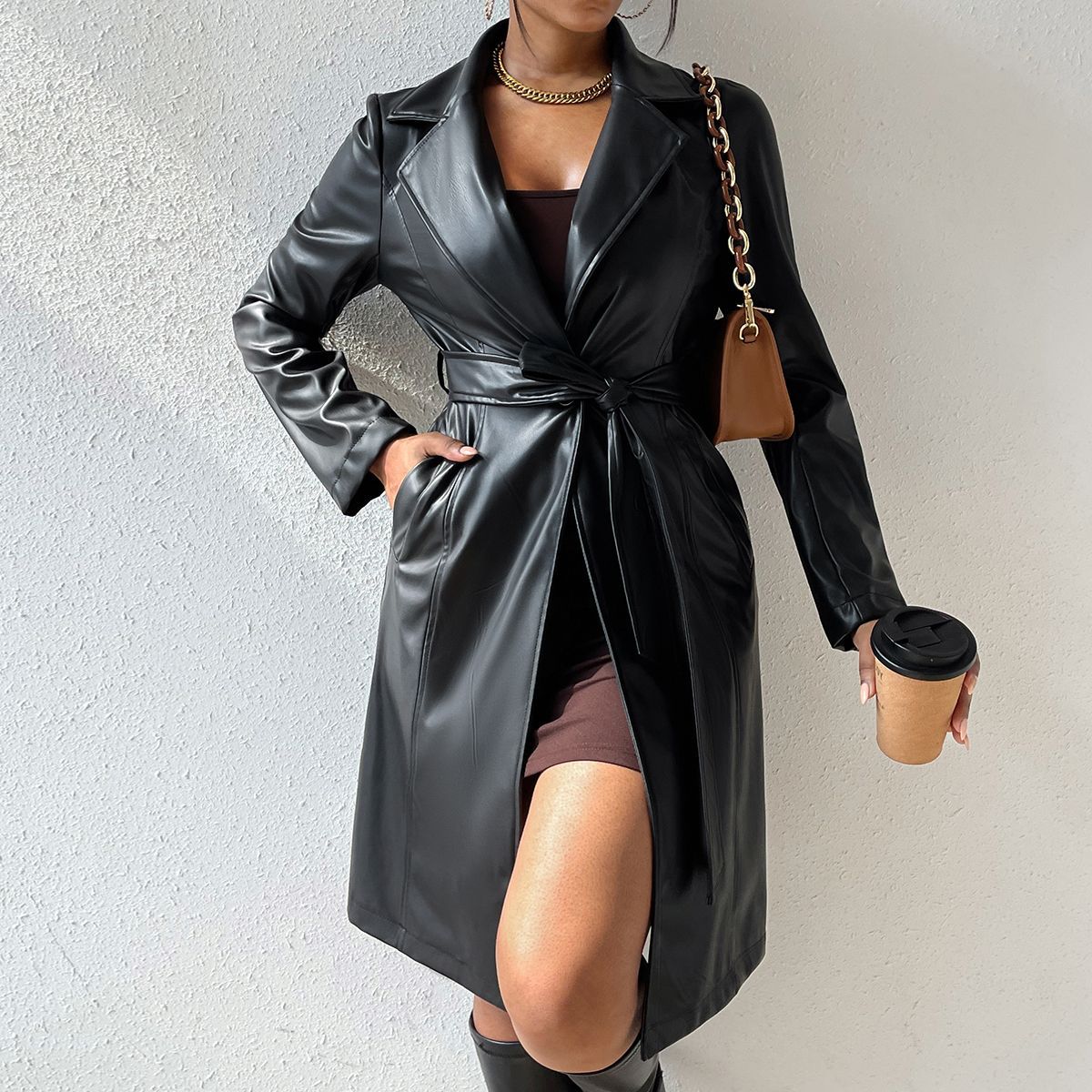 Women's PU long sleeve women's decoration body long windbreaker jacket