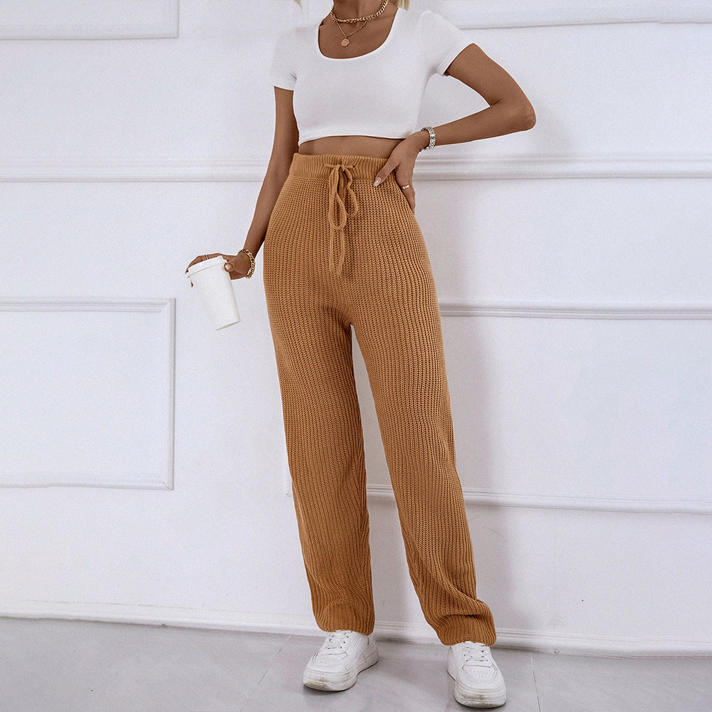 Casual home high-waisted slim solid color stretch wool trousers