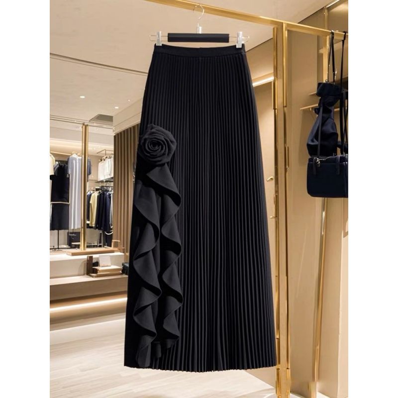 Elegant High-Waisted Black Ruffle Midi Skirt