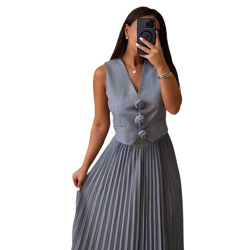 Womens Summer Sleeveless Vest & Pleated Skirt Two-Piece Set