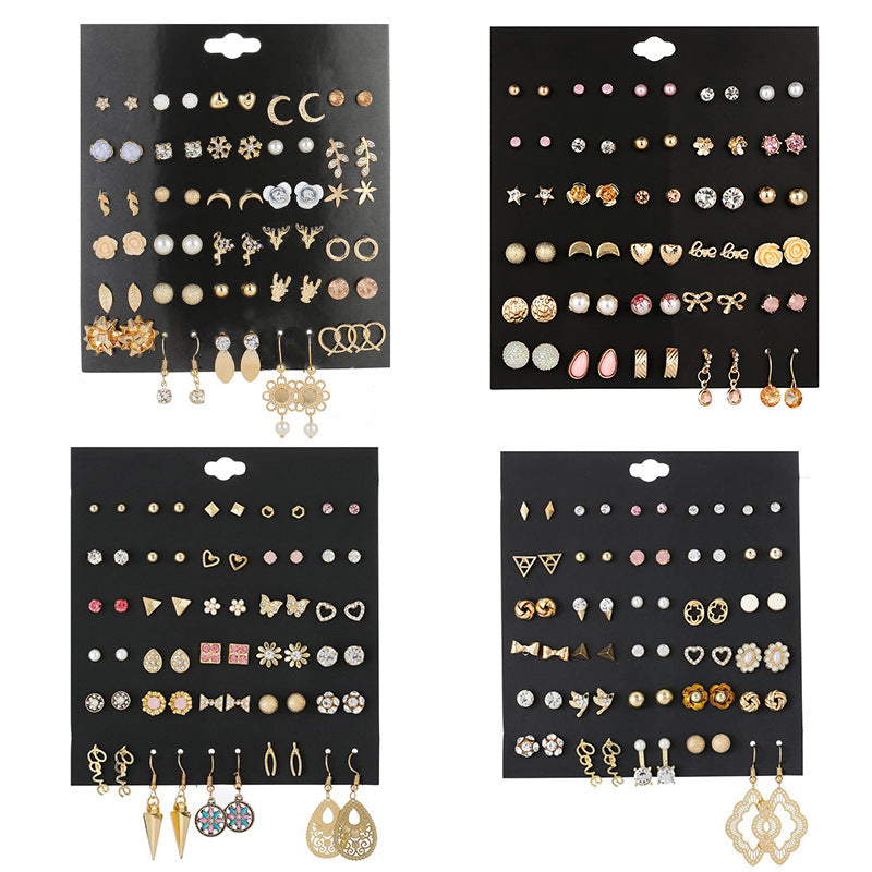 Small Flower Diamond-Studded Alloy Earrings Set - 30 Pairs