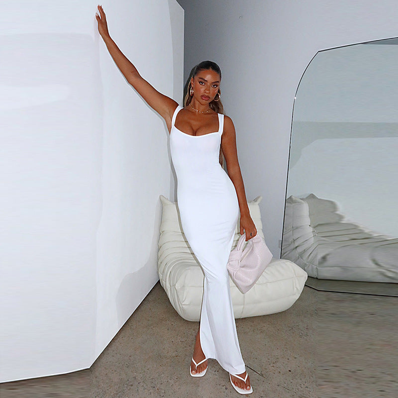 New temperament elegant solid color square neck sleeveless slim fishtail dress
