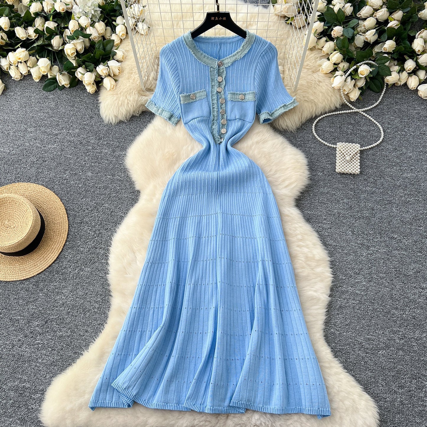 High-End Denim Stitching Knit Dress