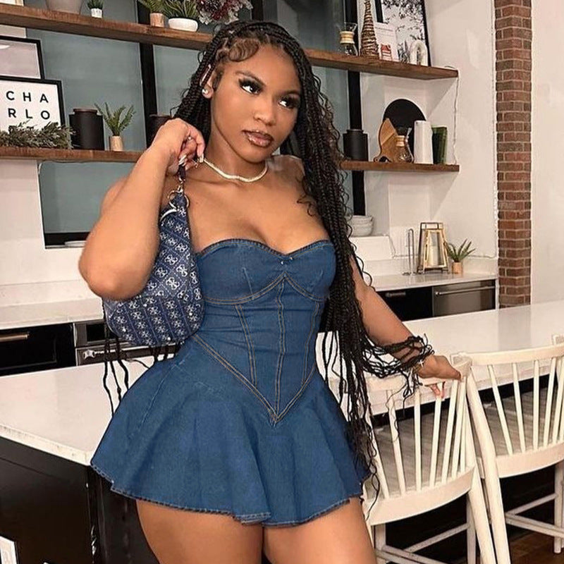 Women's wrap chest, sleeveless, open back, split stitching, tight body, denim dress