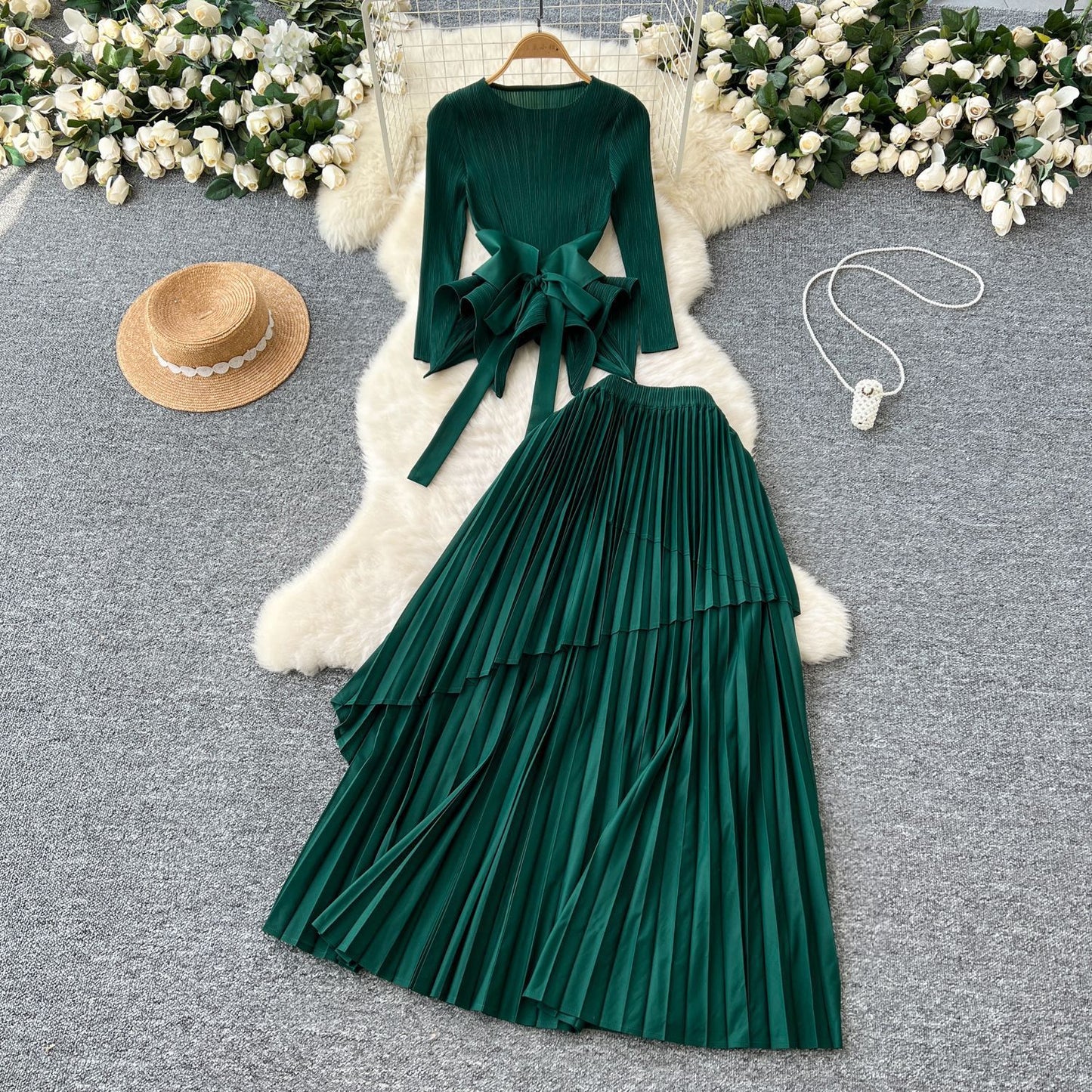 Chic Pleated Two-Piece Set with Tie Waist