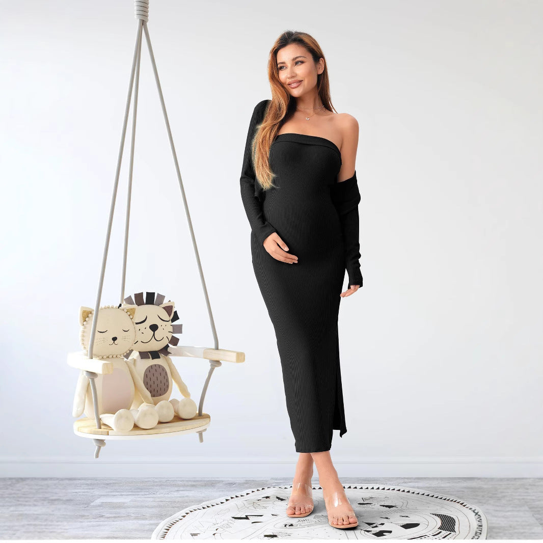 Maternity Knit Two-Piece Set - Long Sleeve Cardigan & Wrap Dress for Summer Comfort