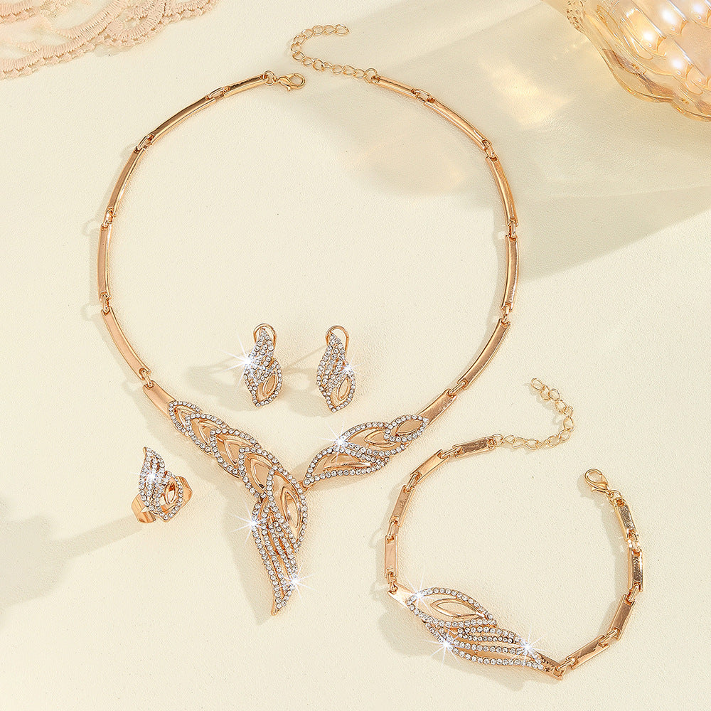 Fashion diamond set gold leaf necklace earrings ring bracelet four-piece