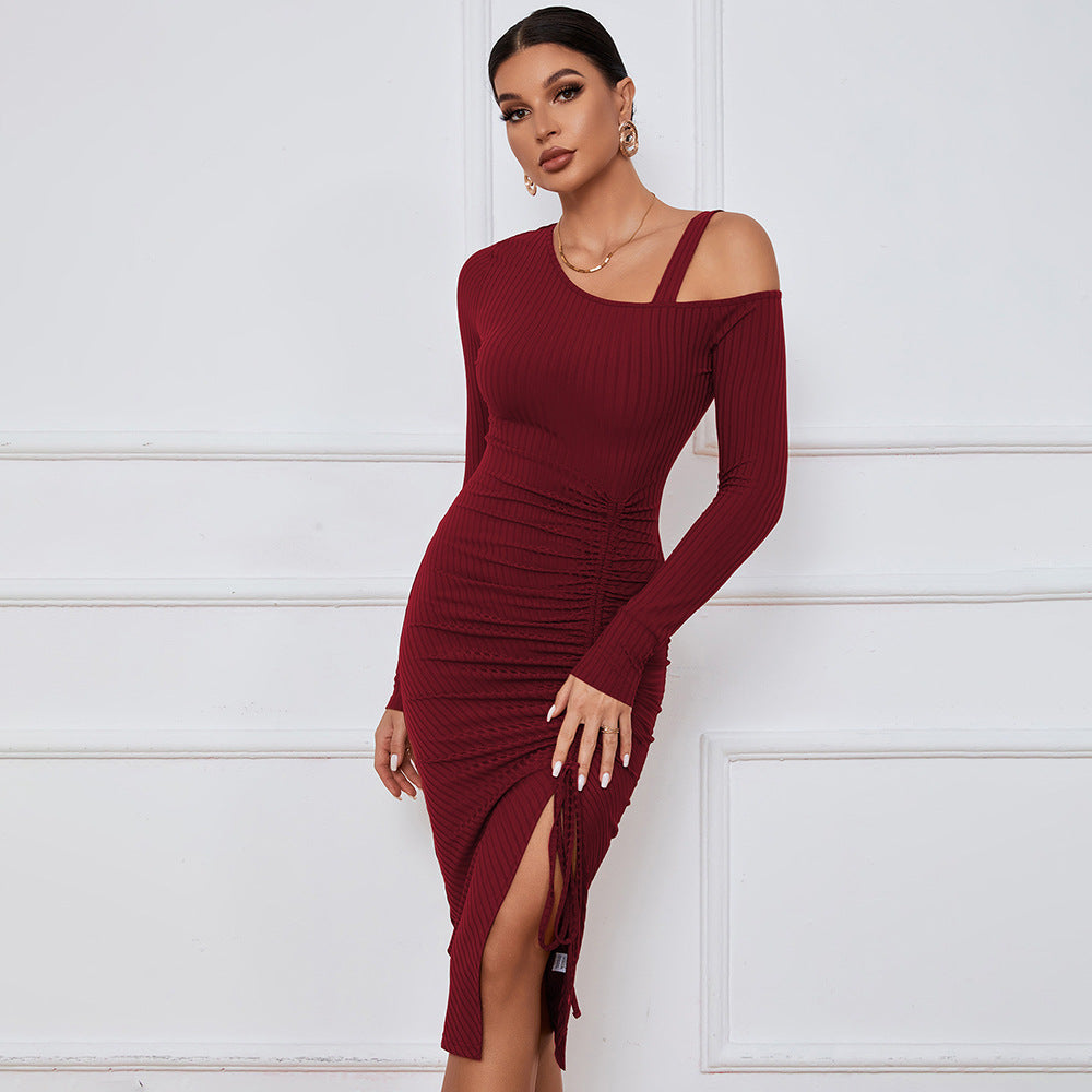 Slit off-the-Shoulder Autumn and Winter Hip Wrap Long Sleeve Sexy Dress