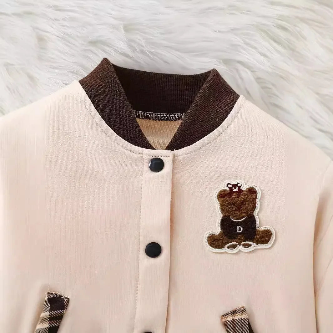 Bear-Embroidered Jacket & Plaid Skirt Set