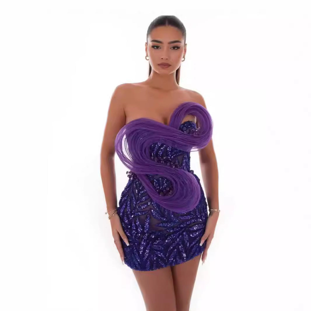 Purple bandeau slim party dress