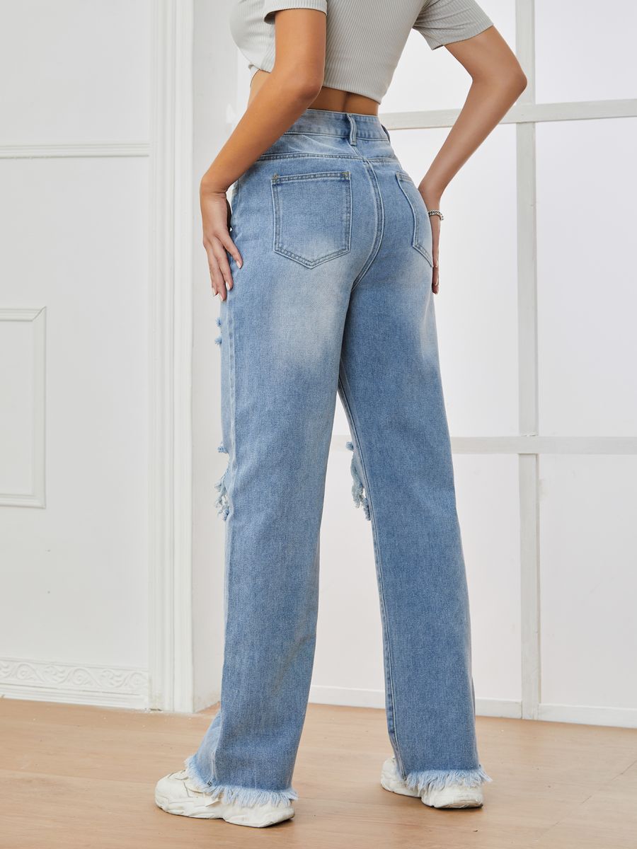 New high-waisted thin ripped, versatile wash denim pants