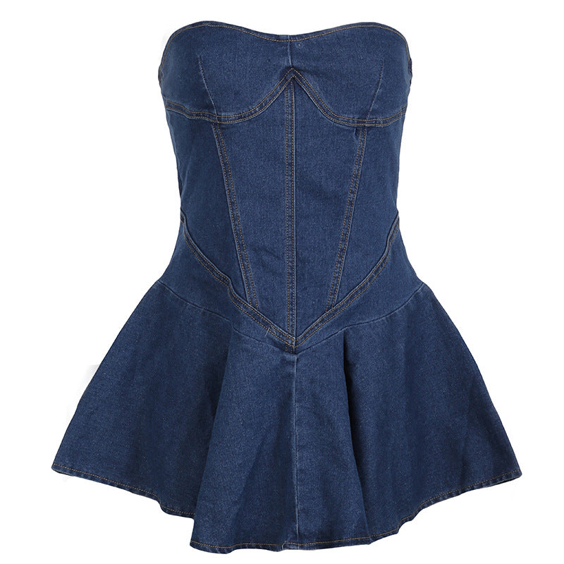 Women's wrap chest, sleeveless, open back, split stitching, tight body, denim dress