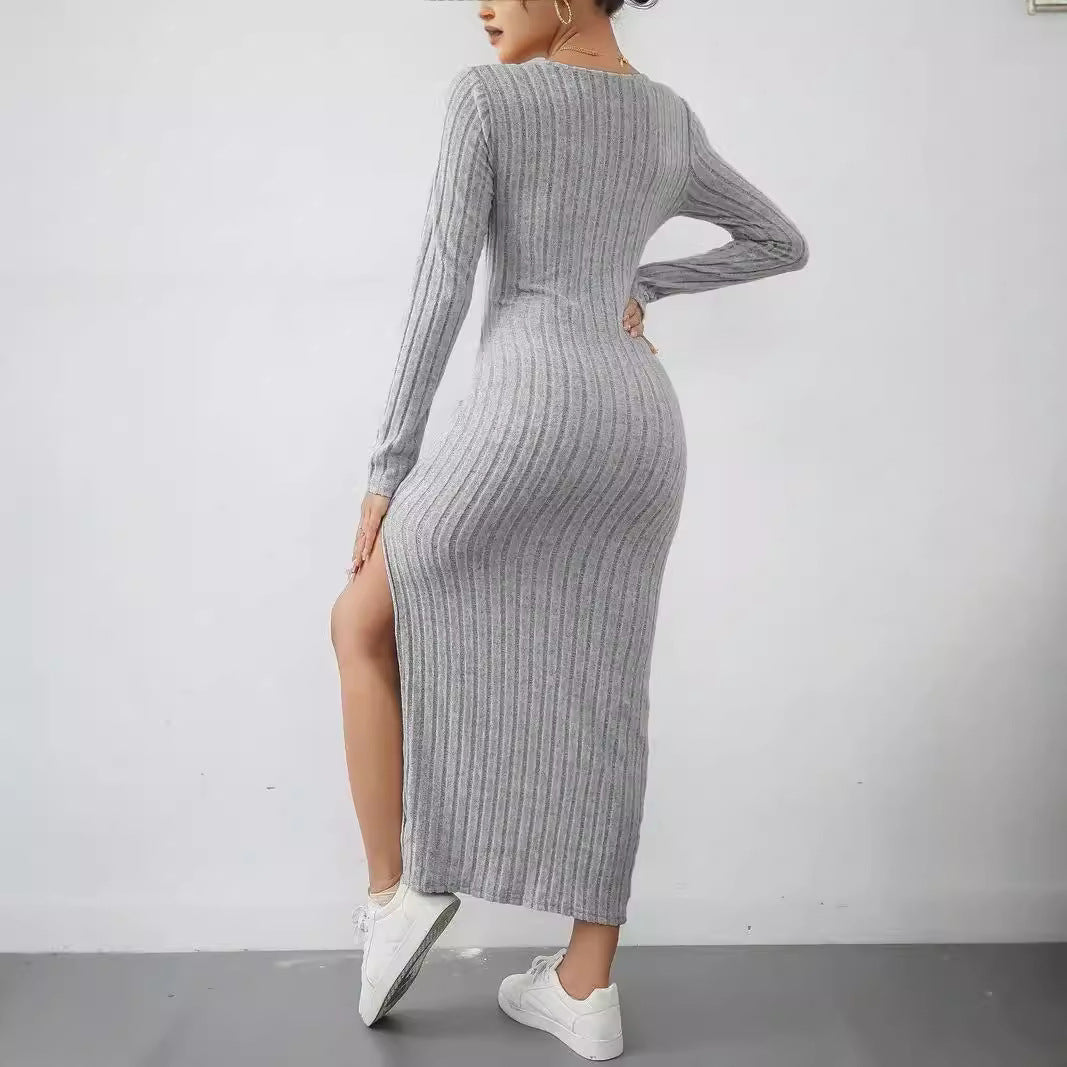Solid Ribbed Slit Dress