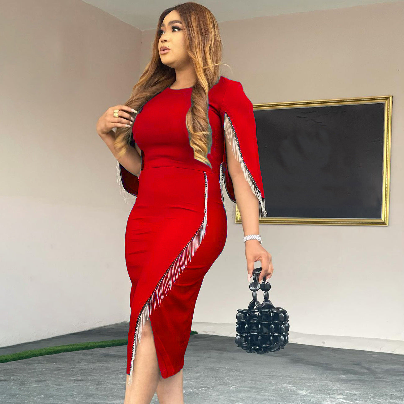 Women's office clothing split tassel plus size dress