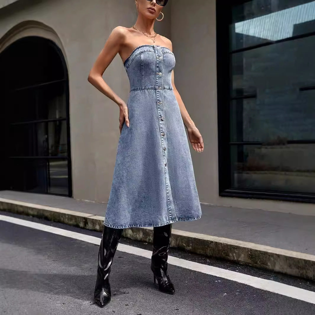 Waist Bandeau Slim Denim Swing Dress for Women's Clothing