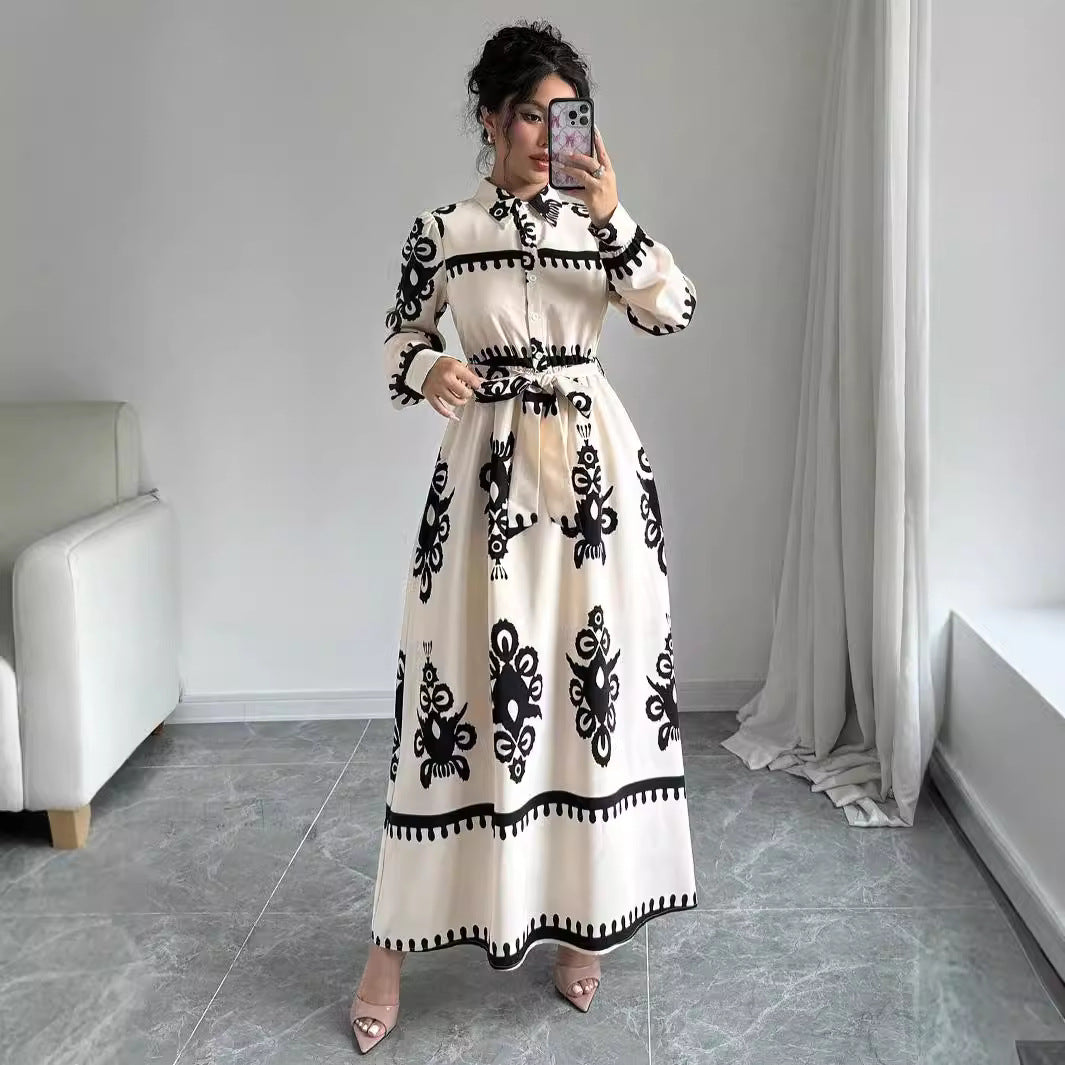 Autumn Ethnic Style Contrast Dress with Lapel Shirt & Tie