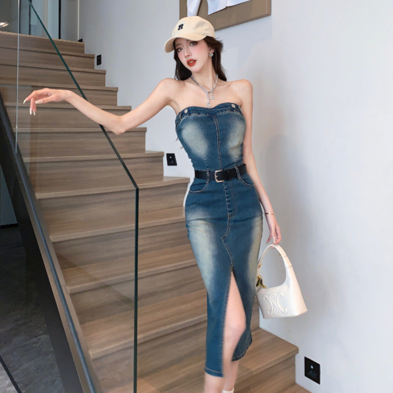 Sexy One-Shoulder Denim Bandeau Dress Slim & Chic Summer Look