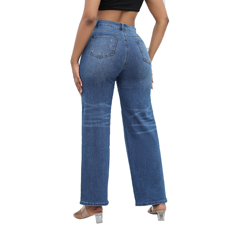 High-quality temperament ripped wide-leg pants jeans (On Hand)