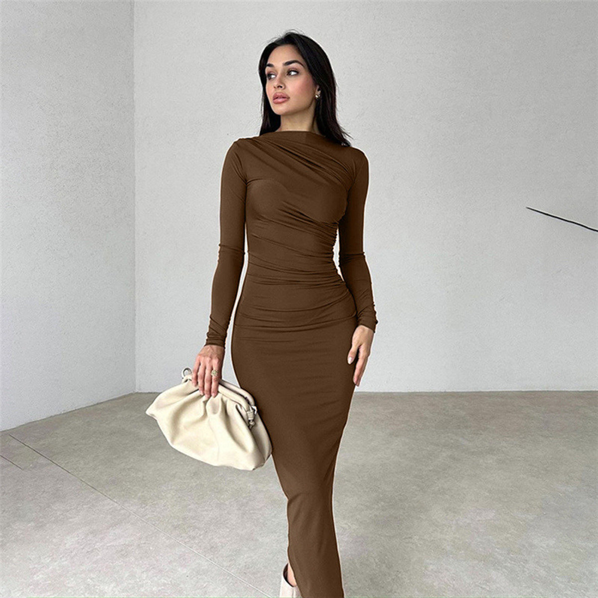 Slim, high-end solid color temperament long hip dress