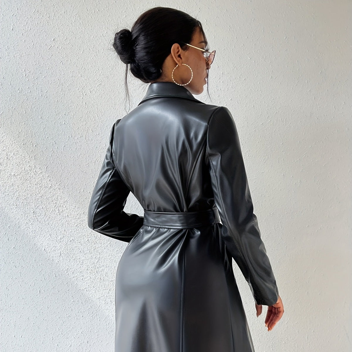 Women's PU long sleeve women's decoration body long windbreaker jacket