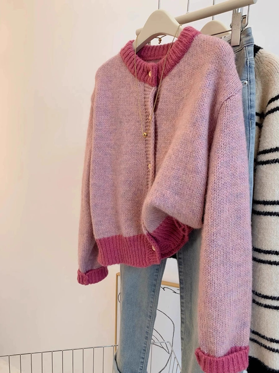 Cozy Pink Knitted Sweater Jacket for Women - Autumn, Winter & Spring