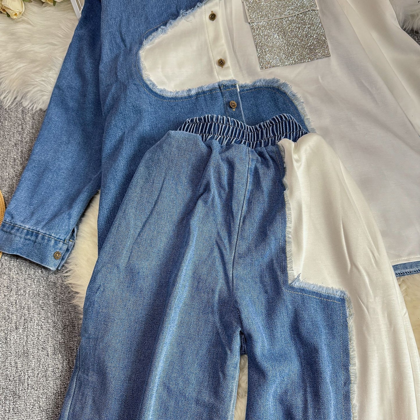 Retro Contrast-Stitch Denim Set