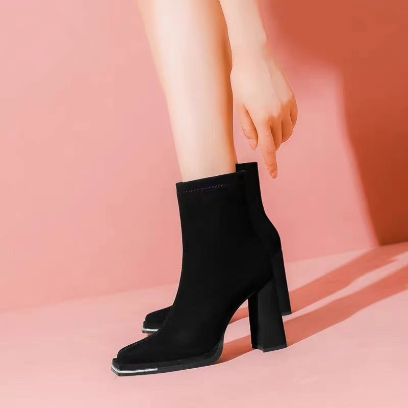 Square Toe High Heel Martin Boots with Side Zipper