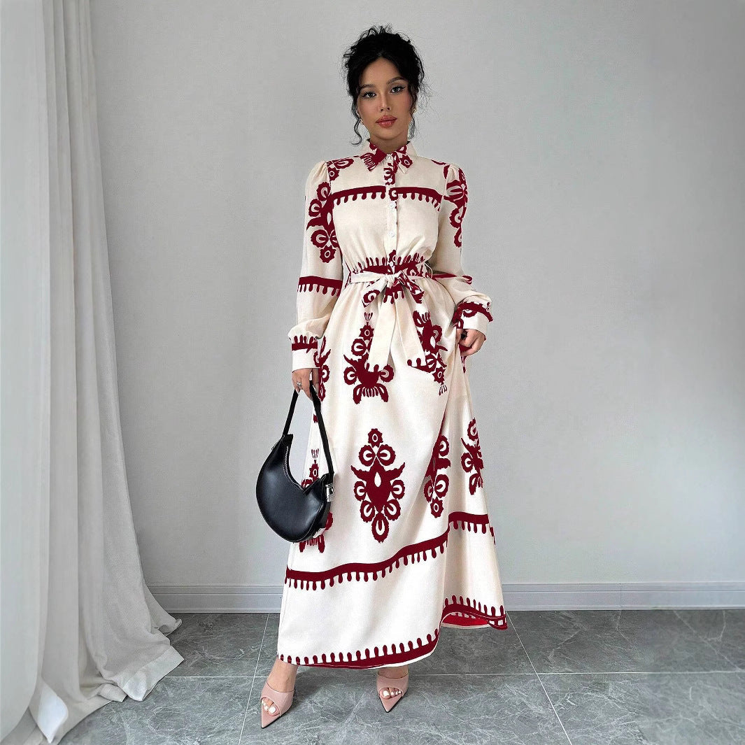 Autumn Ethnic Style Contrast Dress with Lapel Shirt & Tie