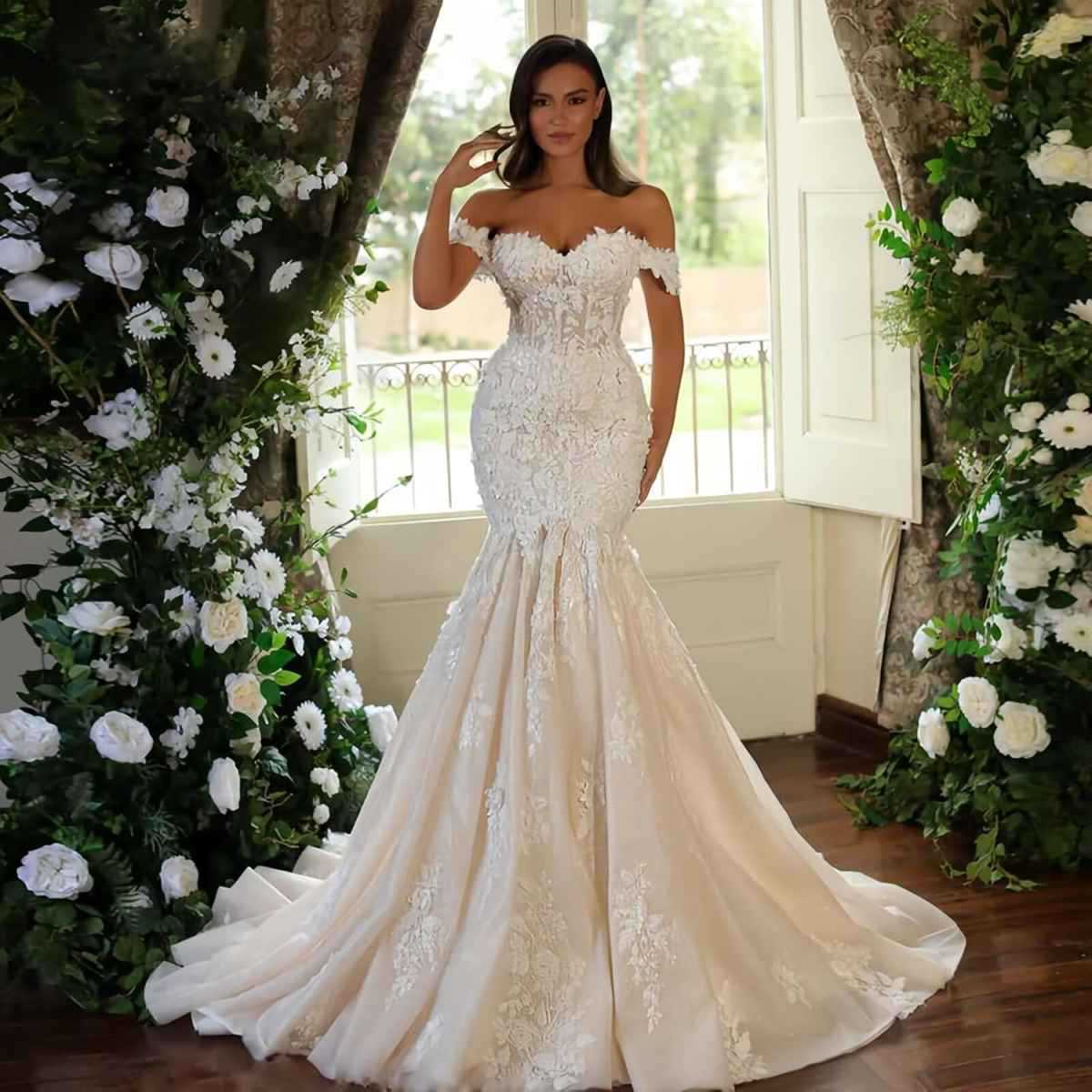 Floral OneShoulder Fishtail Lace Wedding Dress Luxury Gauze Bridal Go — free download