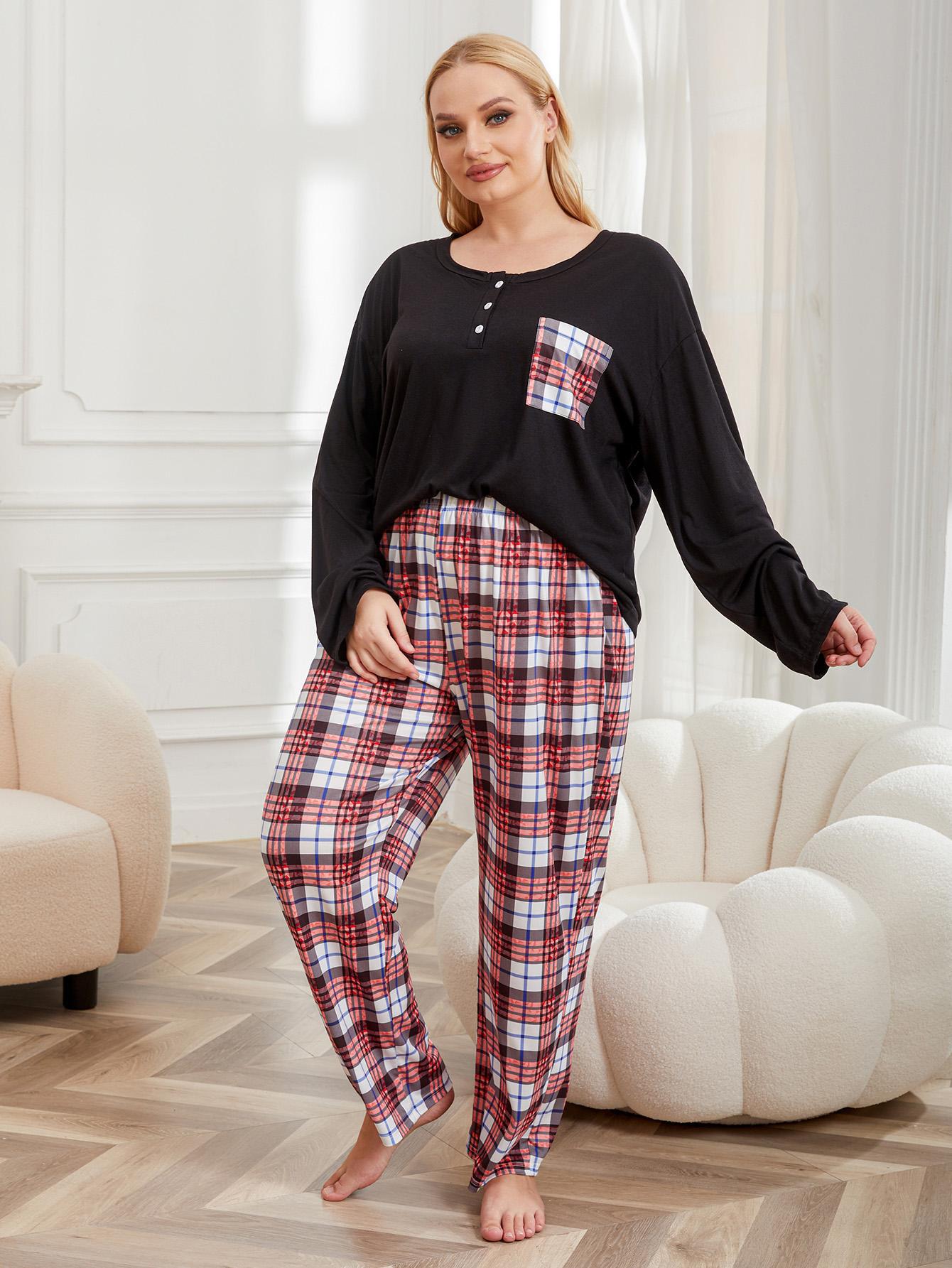 Plus size pajamas women's long sleeve plaid