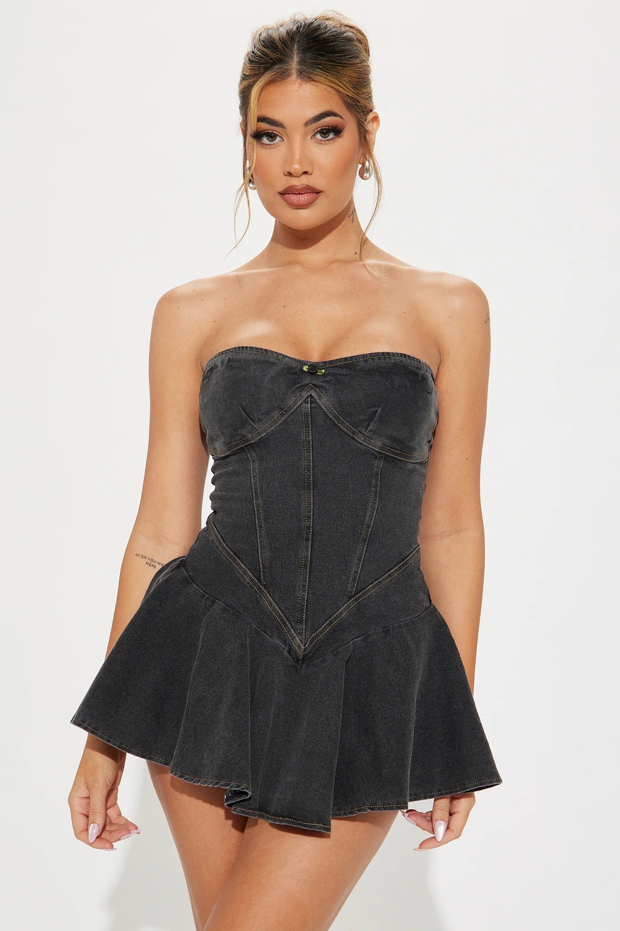 Women's wrap chest, sleeveless, open back, split stitching, tight body, denim dress