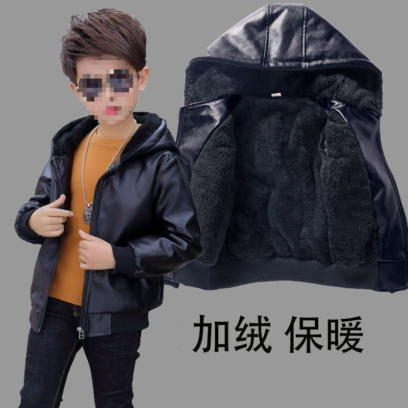 Boys' Winter Plush Leather Jacket Thickened & Stylish Outerwear