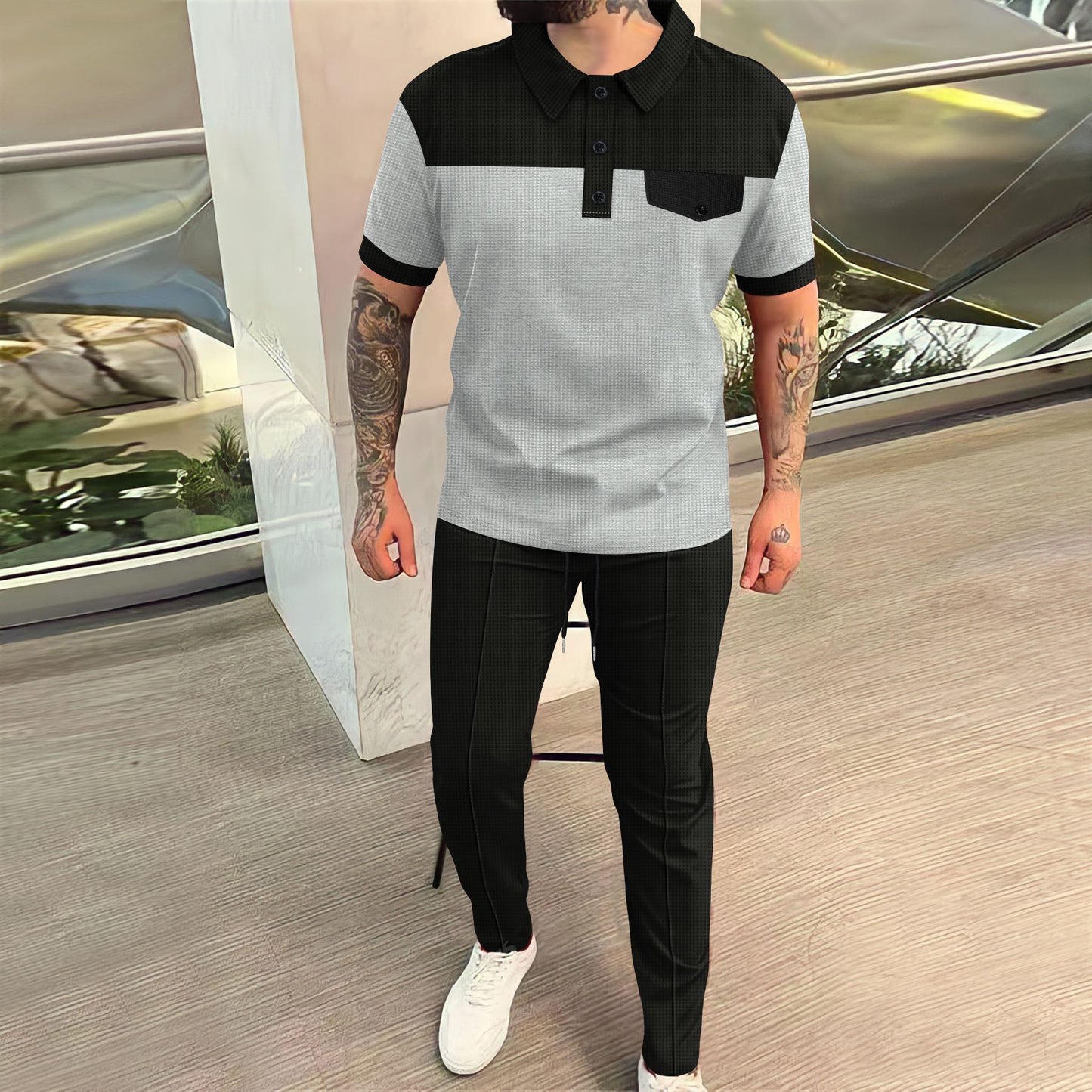 Men's Waffle Color-Block Short Sleeve Set