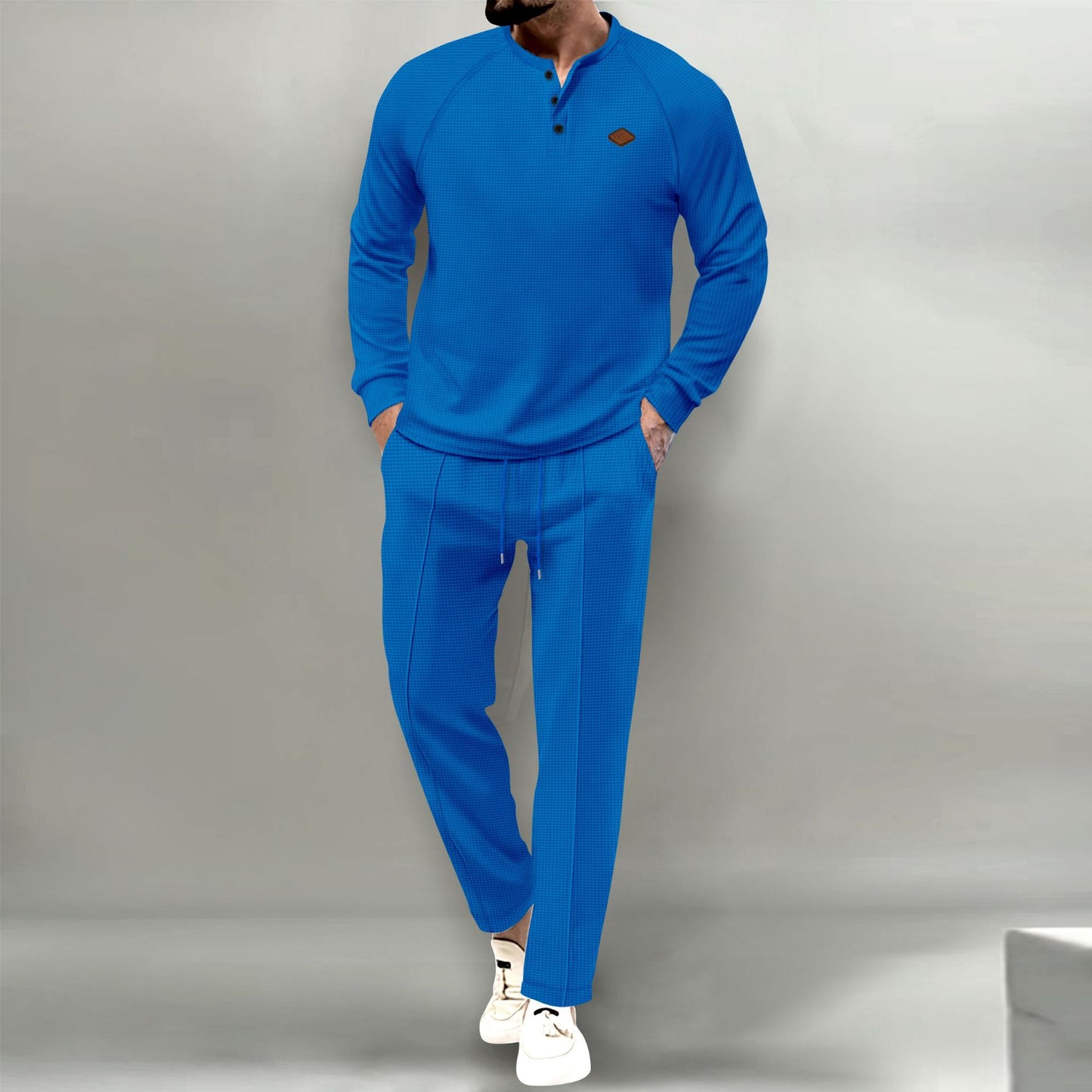 Men's Solid Color Waffle Henley Suit Set