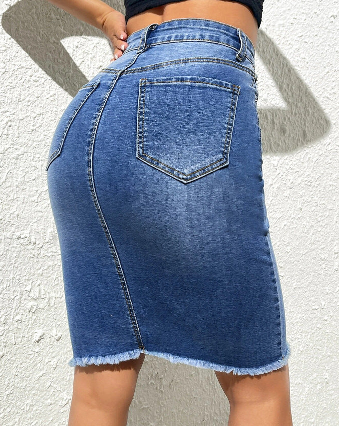 Stretch high-waisted frayed hip skirt
