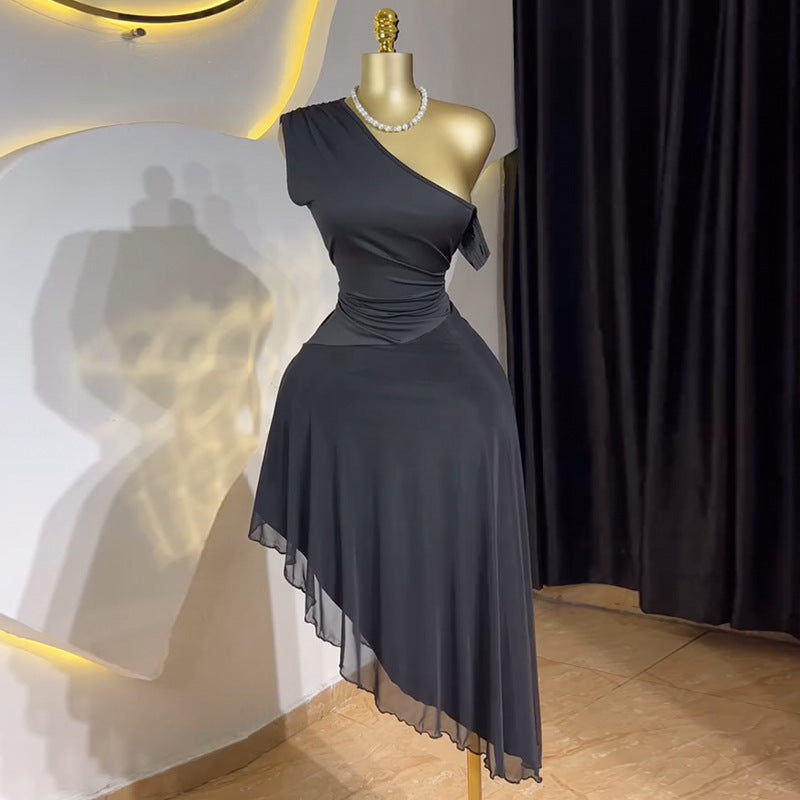 Sweet Asymmetrical Shoulder Midi Dress