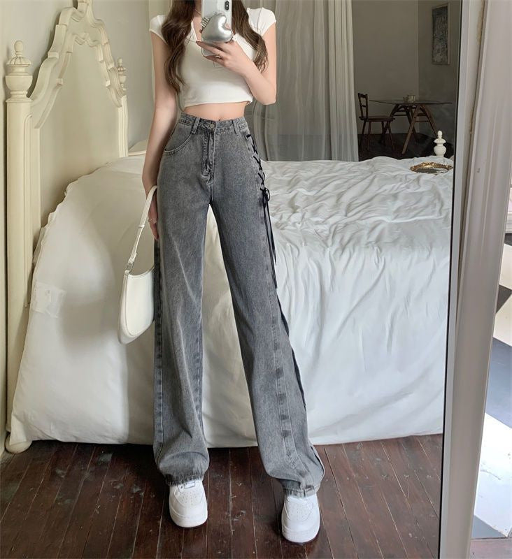 lace-up summer high waist loose wide leg jeans pants (On Hand)