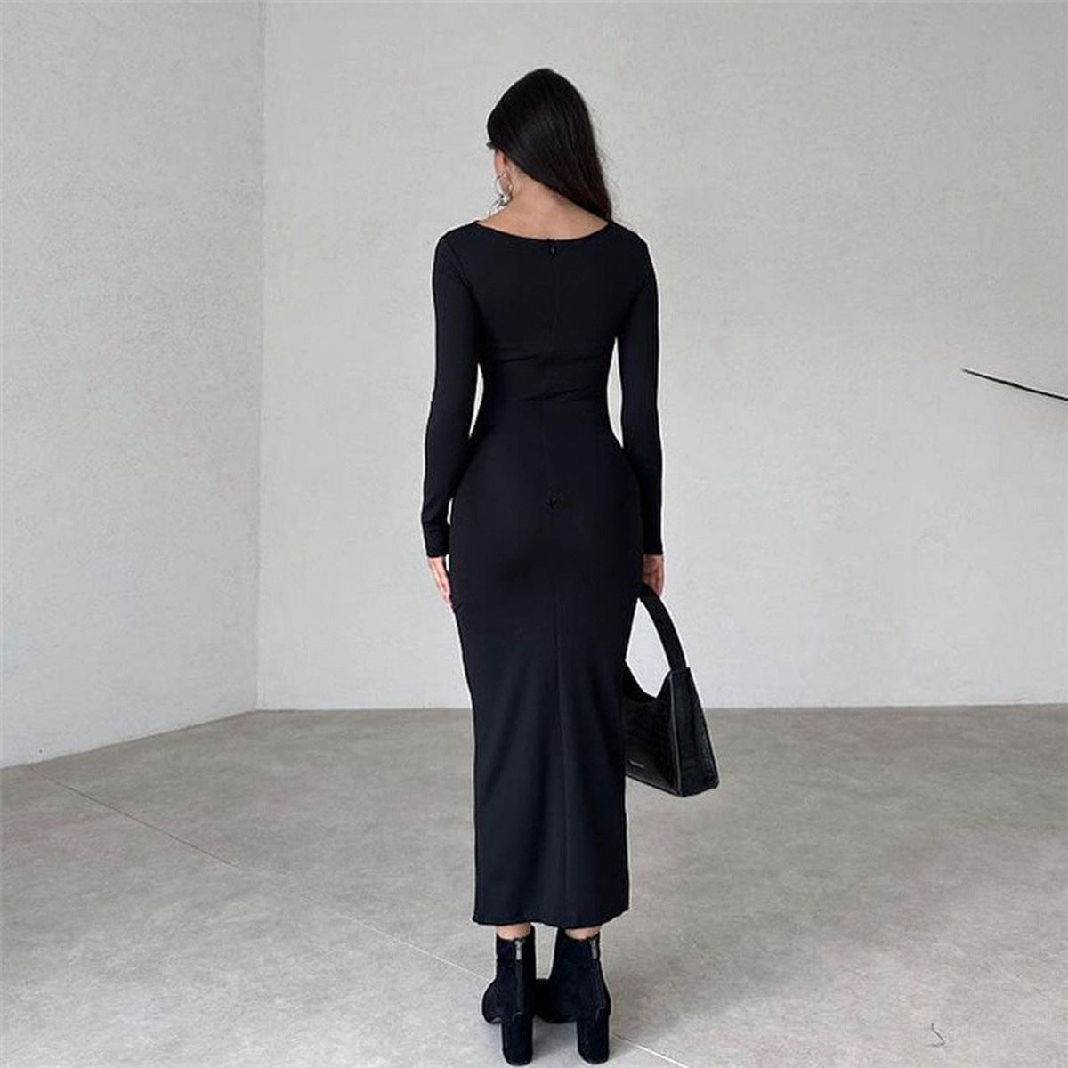 Slim, high-end solid color temperament long hip dress