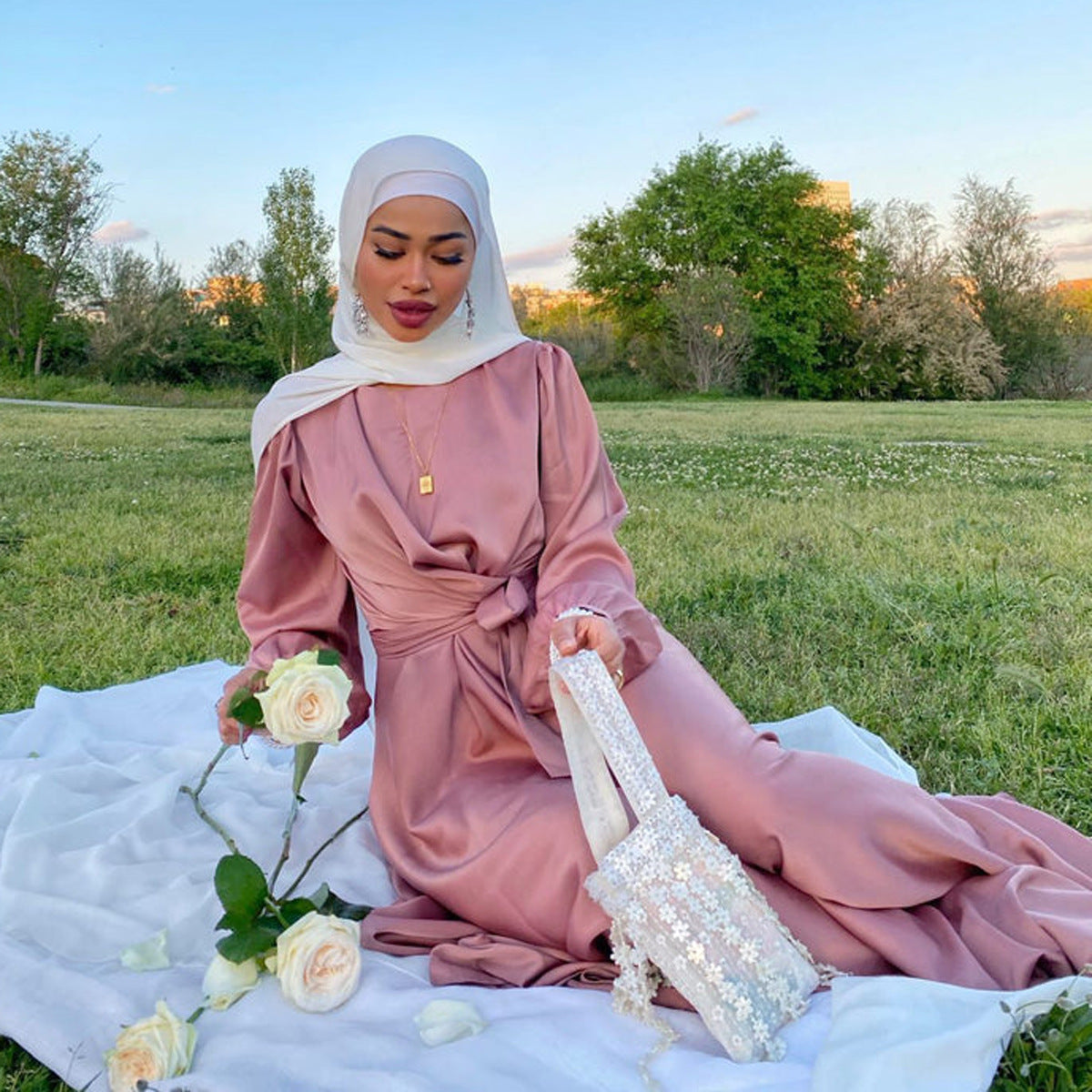Muslim Hui Solid Color Robe and Ankle Dress abaya