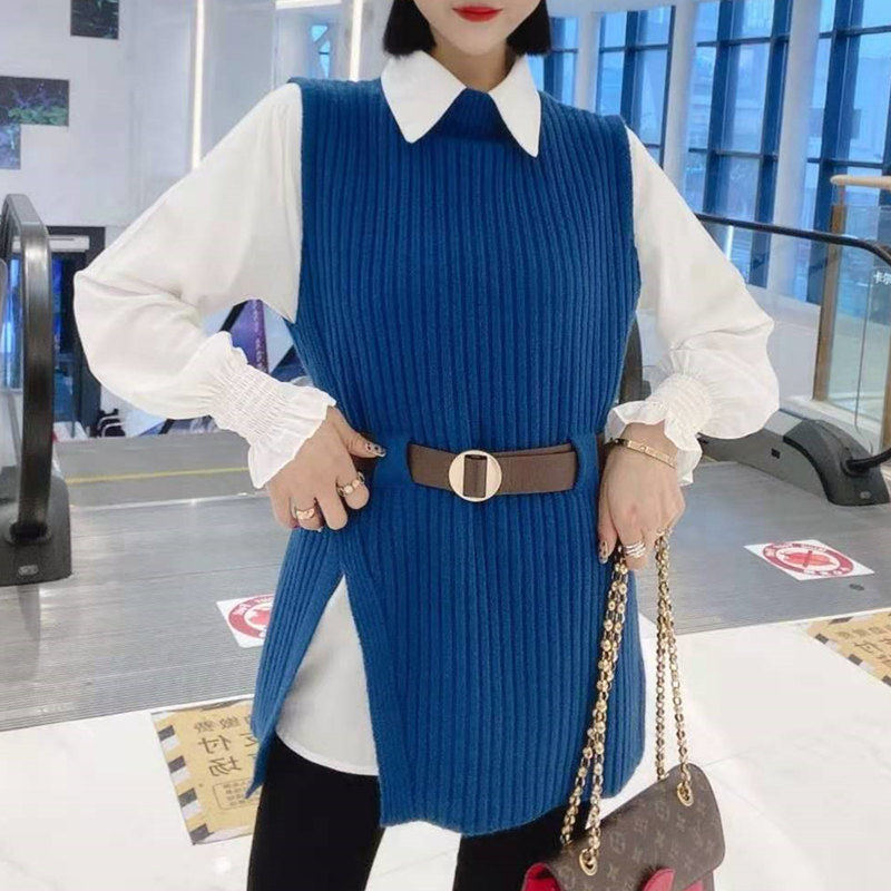 New midi sweater set slim tie waist knitted vest shirt two-piece set women