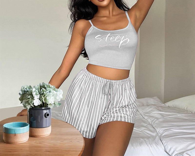 Women's Drawstring Shorts Set Stripe Print Loungewear
