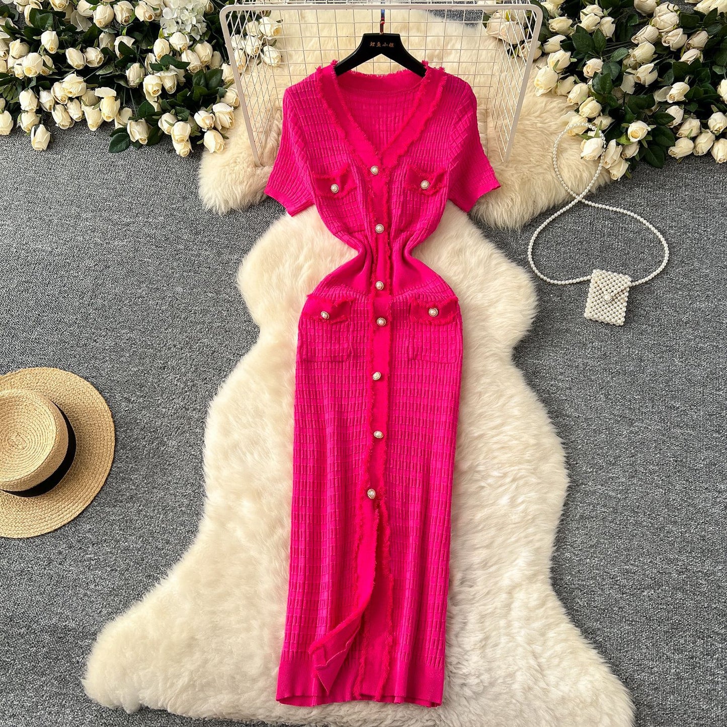 Elegant Retro V-Neck Knitted Dress