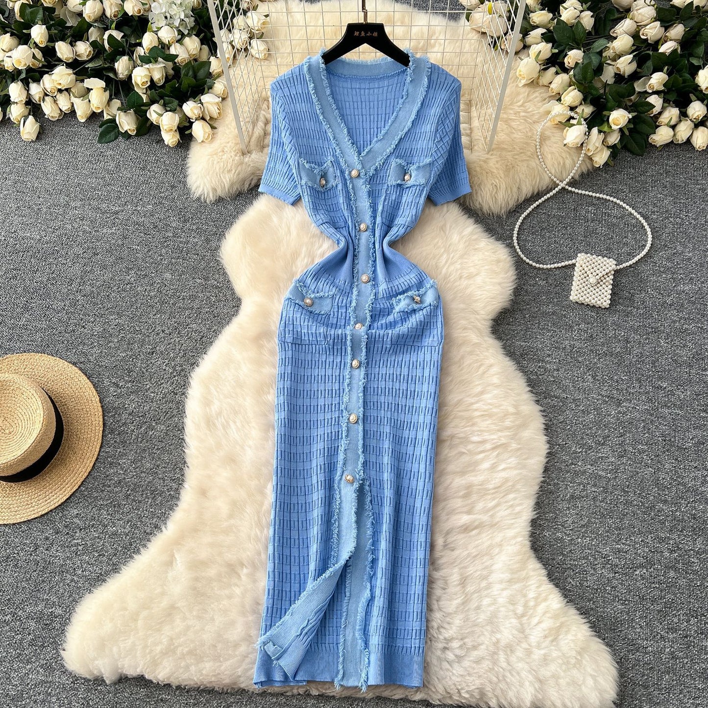 Elegant Retro V-Neck Knitted Dress