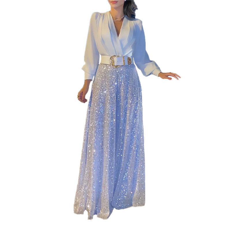 V-neck long-sleeved shirts, waist thin, sequined wide-leg pants