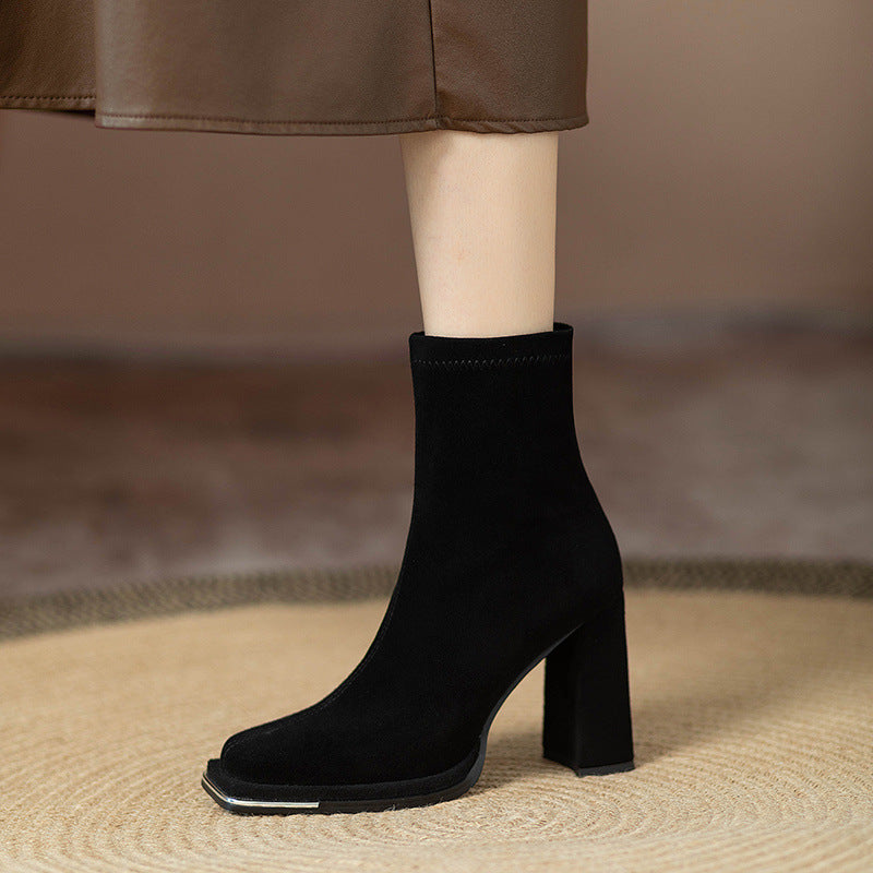Square Toe High Heel Martin Boots with Side Zipper